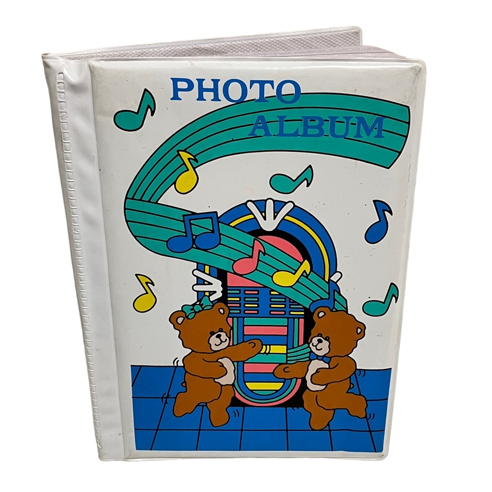 Vintage 80's Small World Greetings Photo Album Teddy Bears Jukebox Dancing
